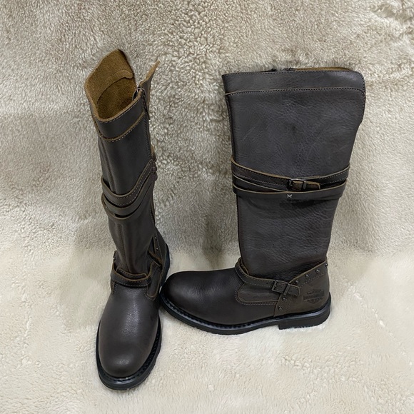 Harley-Davidson Shoes - Harley Davidson Ladies Cyndie 15” Strap Slate Leather Studs Biker Boots